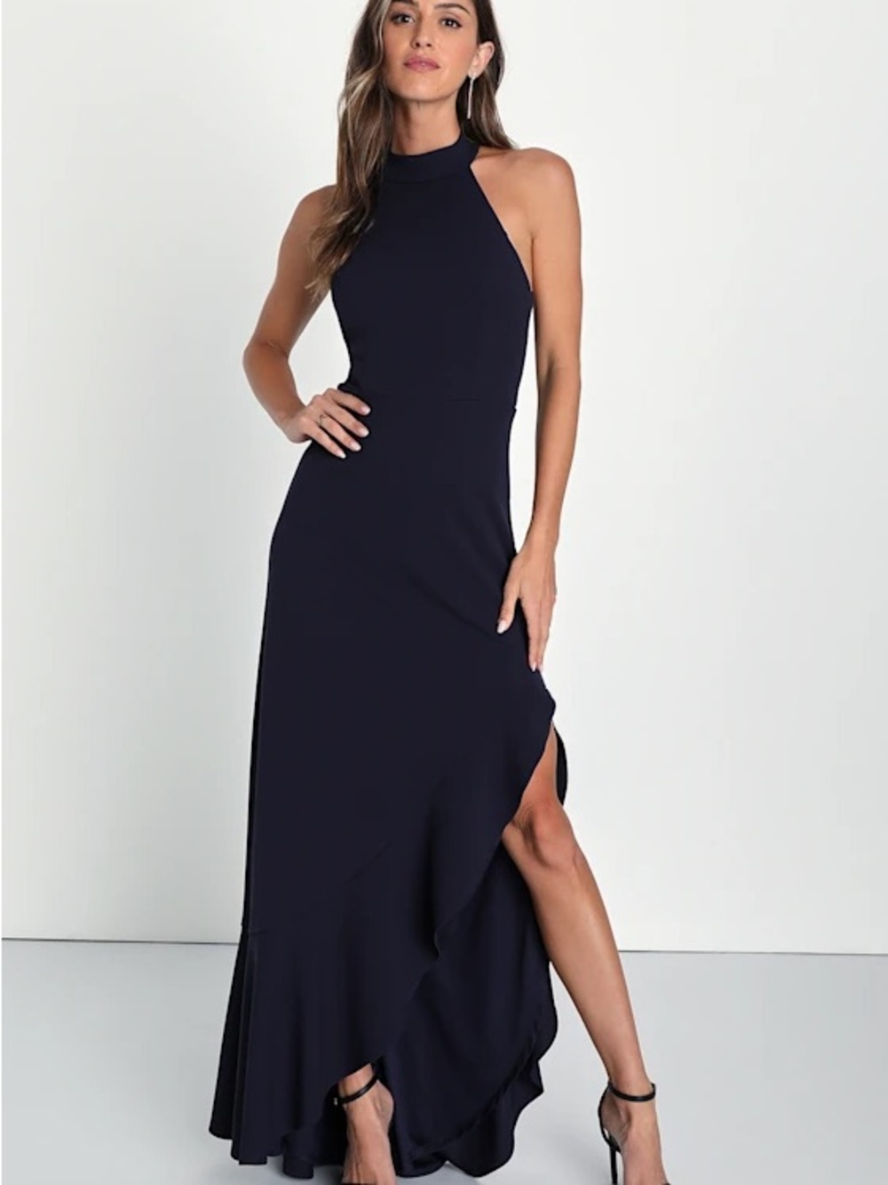 Lulus Majestic Perfection Navy Blue Ruffled Halter Maxi Dress